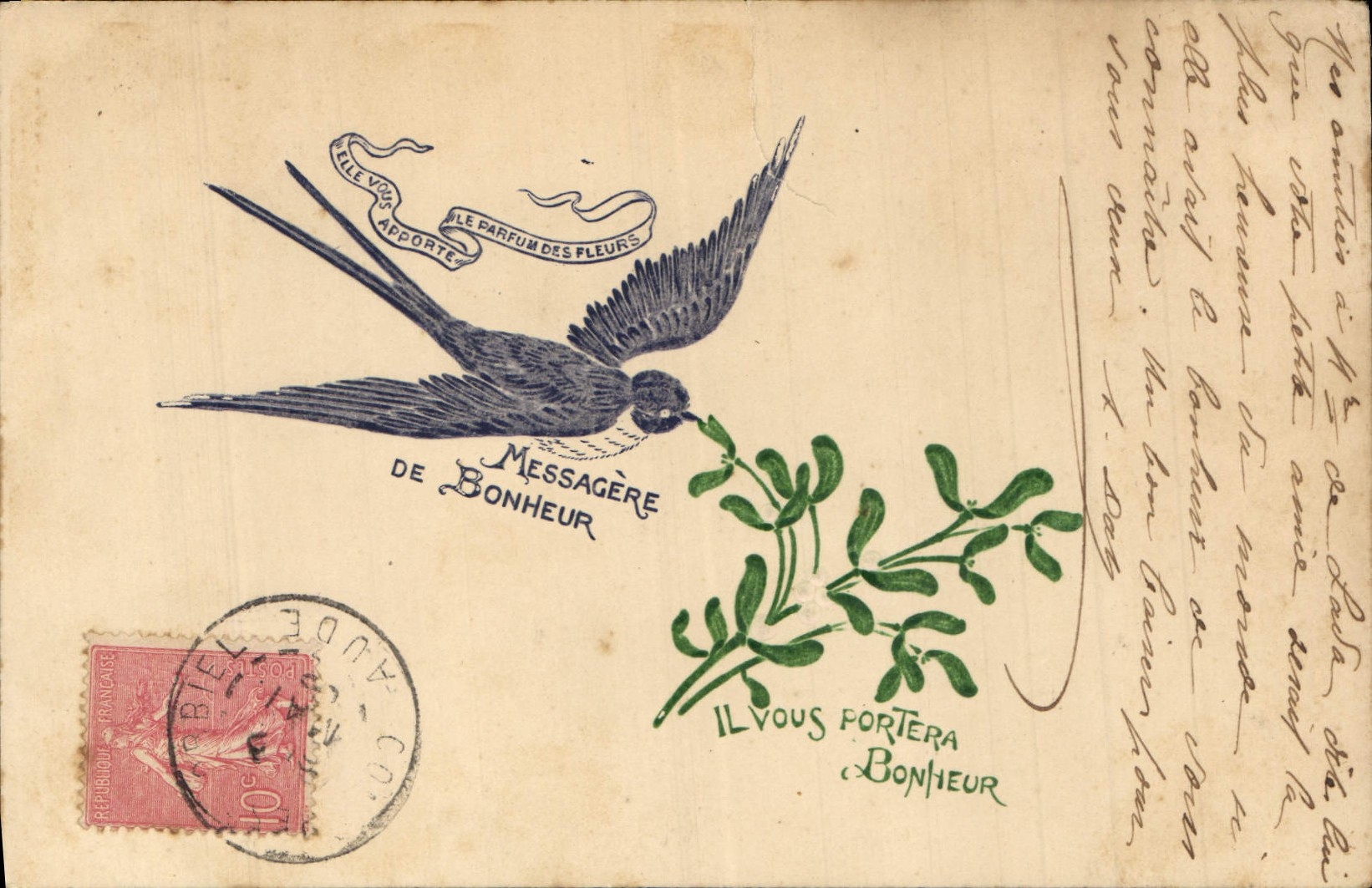 Oiseau messagère de bonheur — avec branche de mousse — éditeur inconnu, n° de série non visible