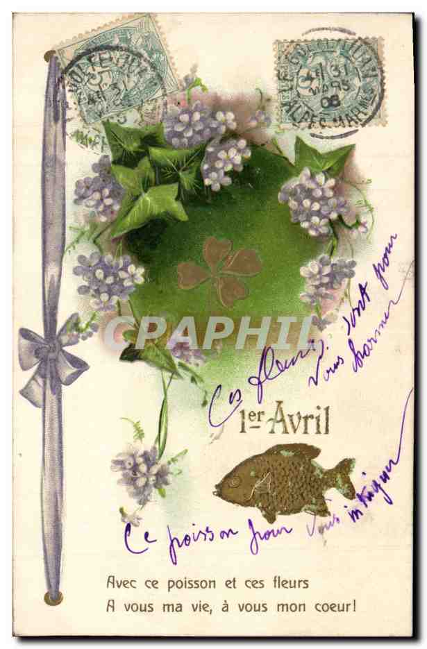 Poisson et fleurs — 1er Avril — Carte postale de l'Union postale universelle