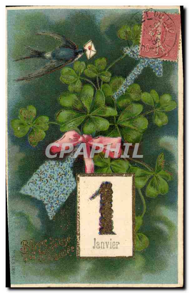 CPA Fantaisie Fleurs Trefles Hirondelle 