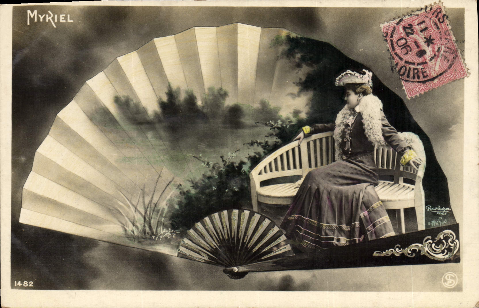 Woman sitting on a bench — garden scene — publisher Reuillaguer, Paris, no. 14-82