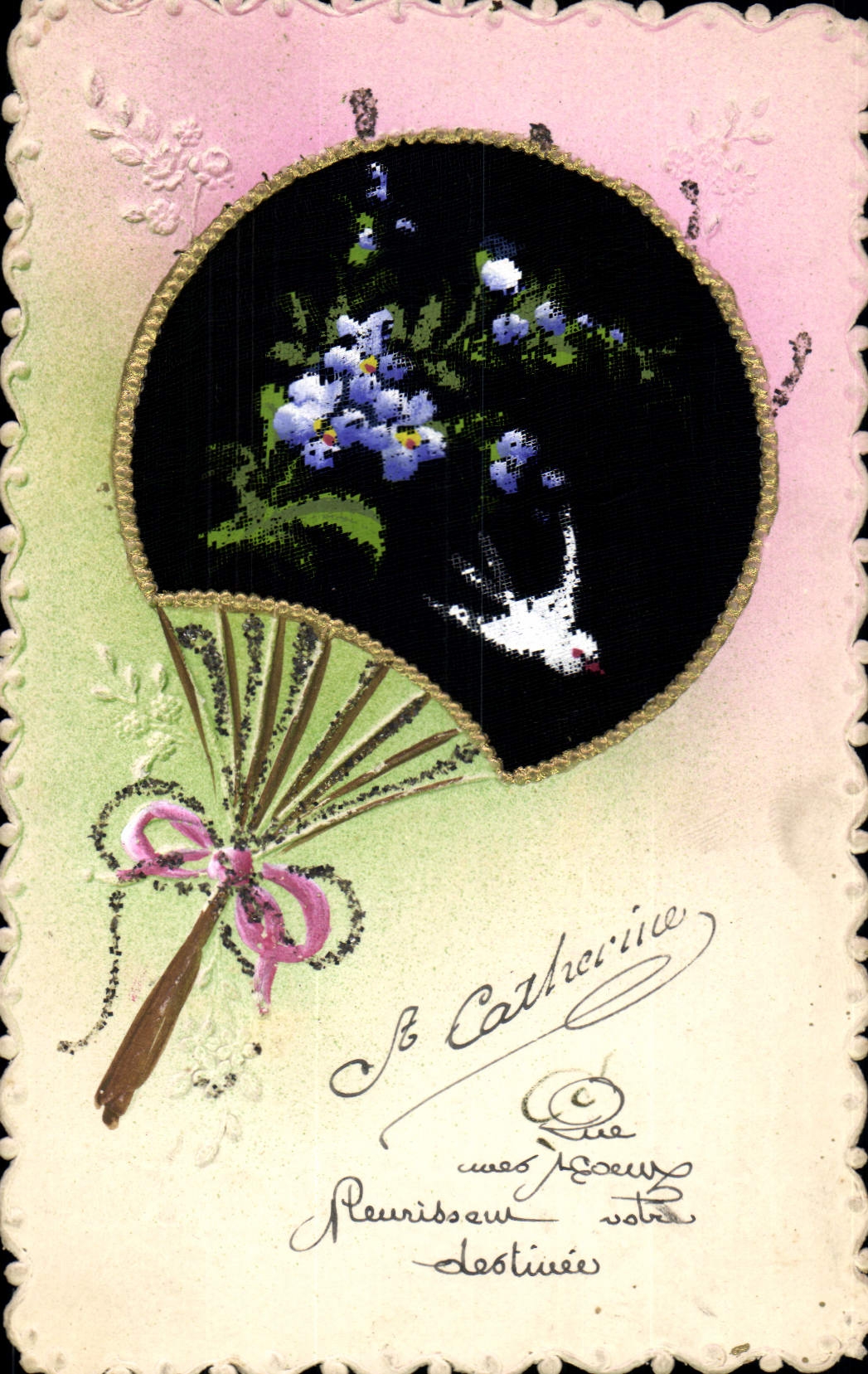 Fête de Sainte Catherine — fan brodé avec fleurs et colombe — éditeur non visible