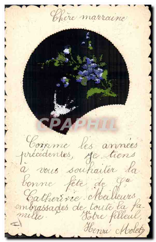 Fête de Sainte Catherine — fan brodé avec fleurs et colombe — éditeur non visible — Achterkant