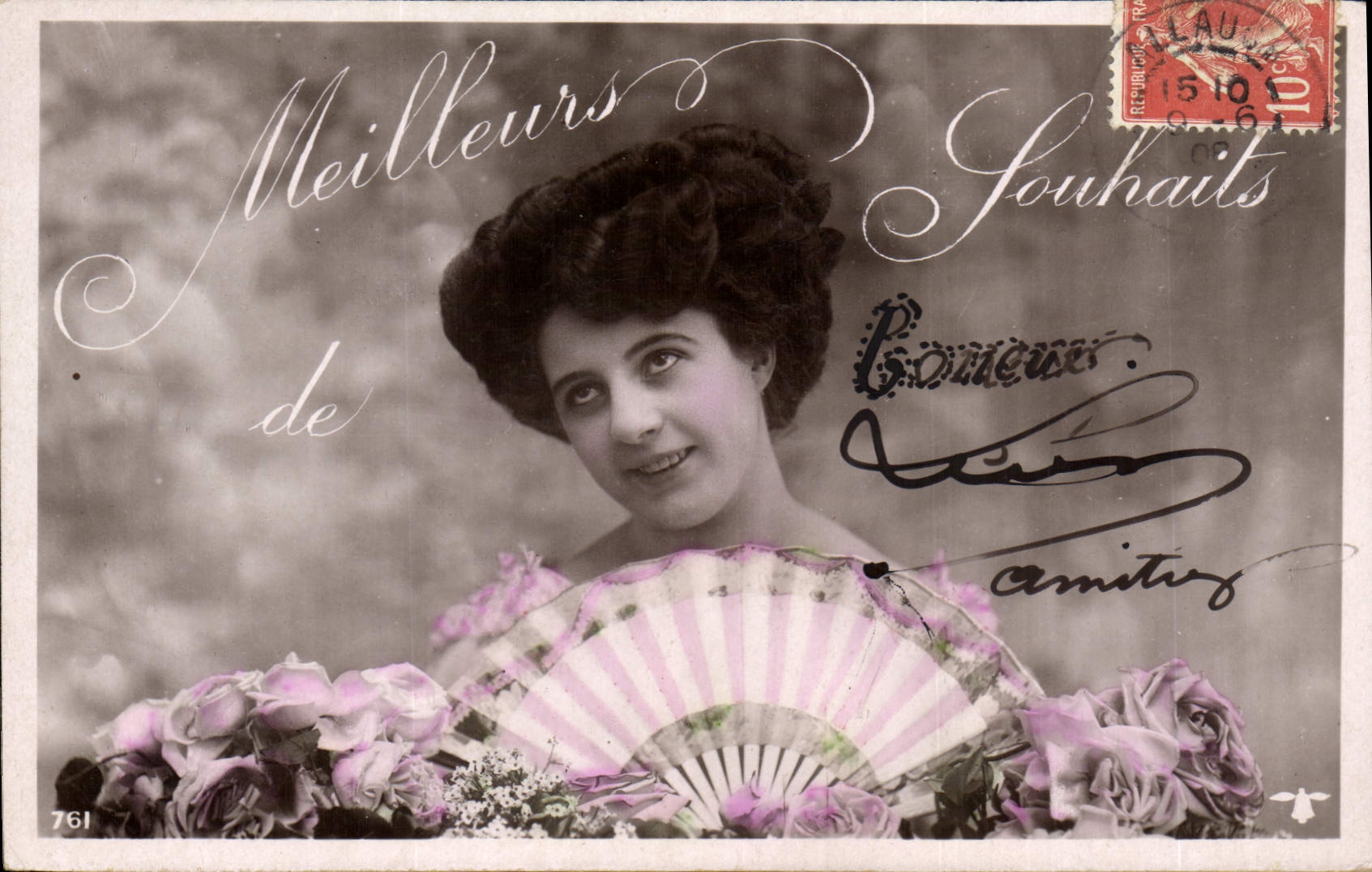 Jeune femme avec éventail — Meilleurs Souhaits — éditeur inconnu, n° 761