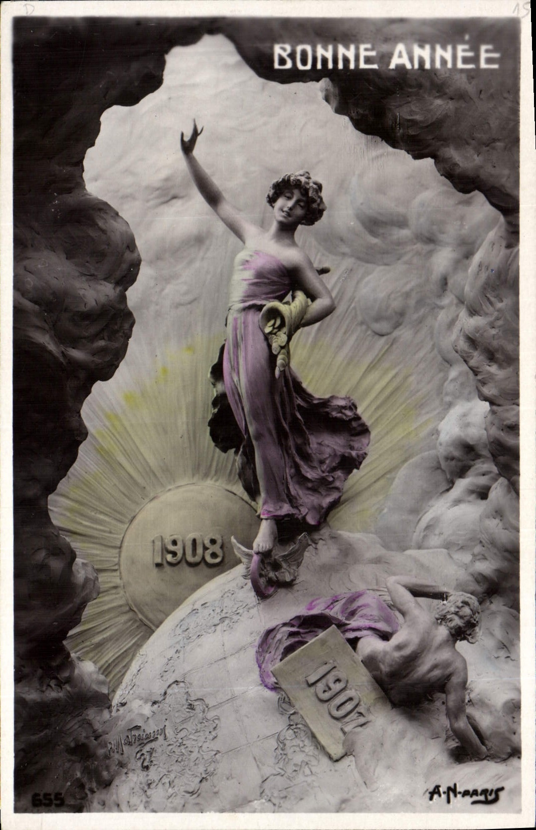 Femme déesse au soleil — Bonne Année 1908 — A. N. AARUS, n° 655