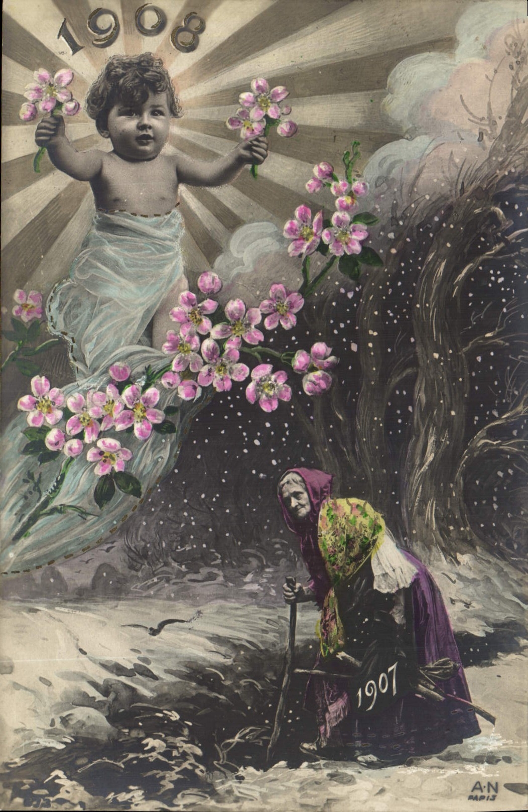 CPA Fantaisie Fleurs Annee 1908 Enfant Bebe