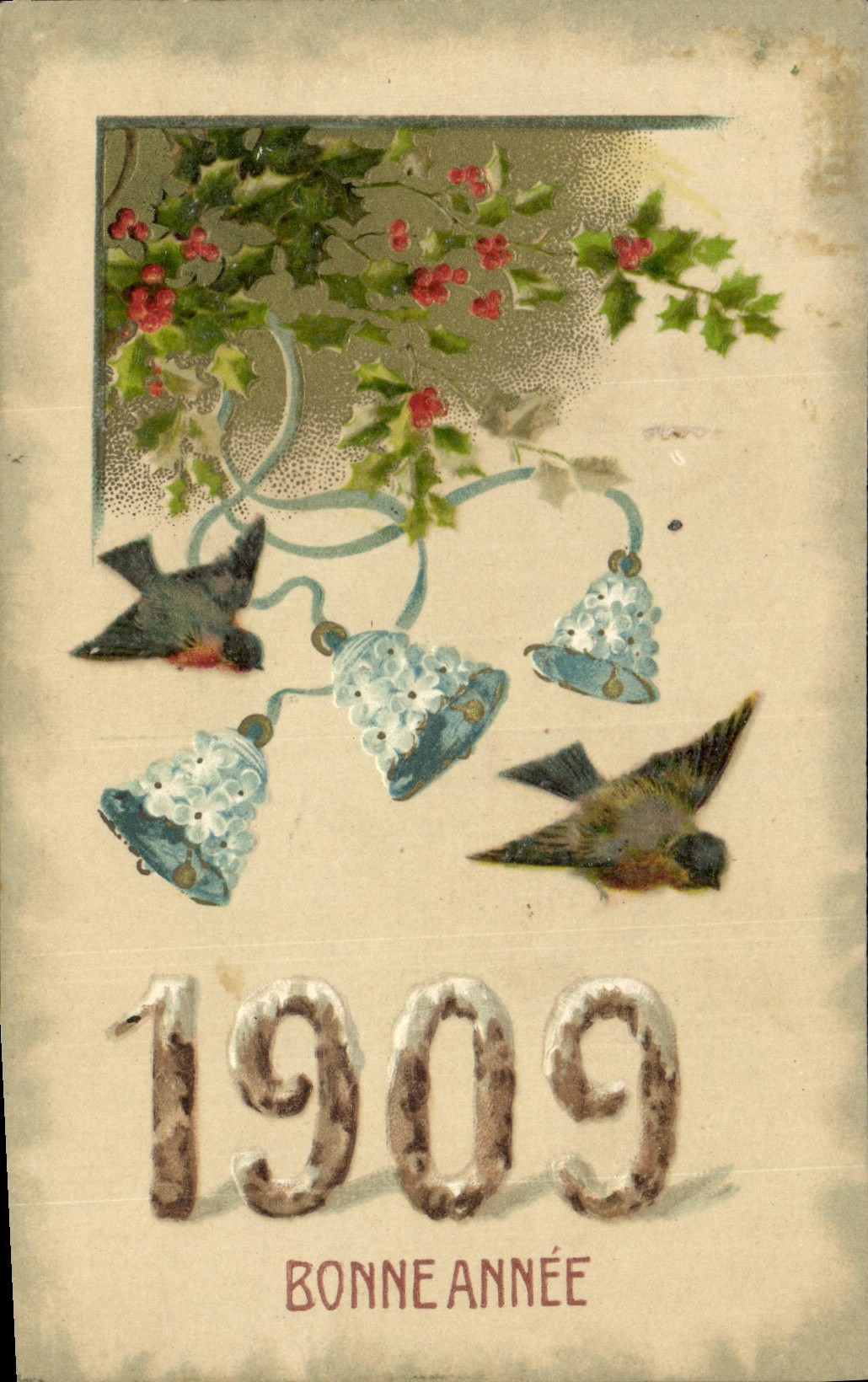 CPA Fantaisie Fleurs Annee 1909 Oiseaux Cloches