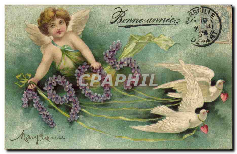 Cupidon avec lys et colombes — Bonne année — éditeur Marydorice