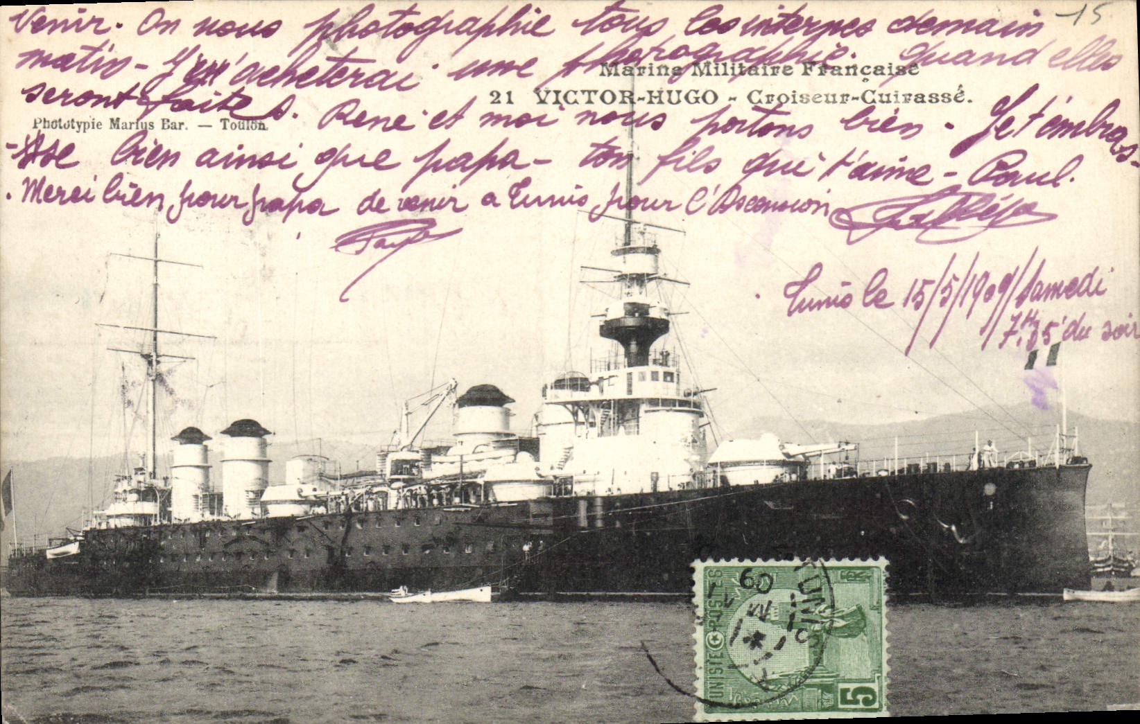 Croiseur cuirassé Victor Hugo — Marine Militaire Française — Phototypie Marins Bar — Toulon