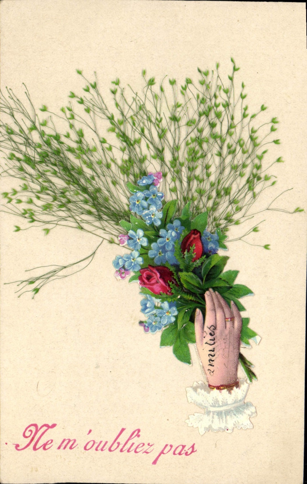 Main tenant un bouquet — texte imprimé et manuscrit — éditeur non visible