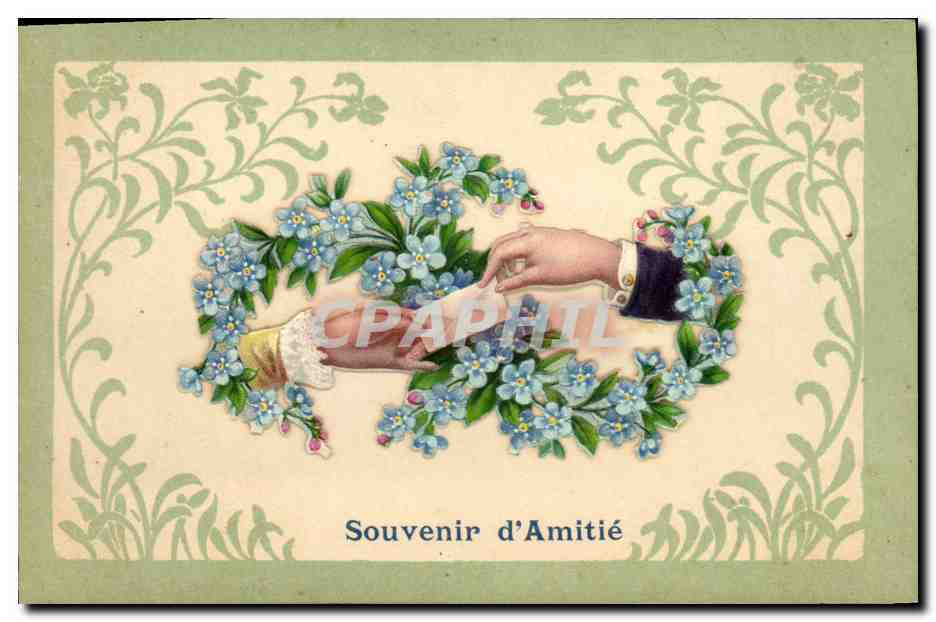 Deux mains se serrant dans un bouquet d'oublies — Souvenir d'Amitié — éditeur non visible