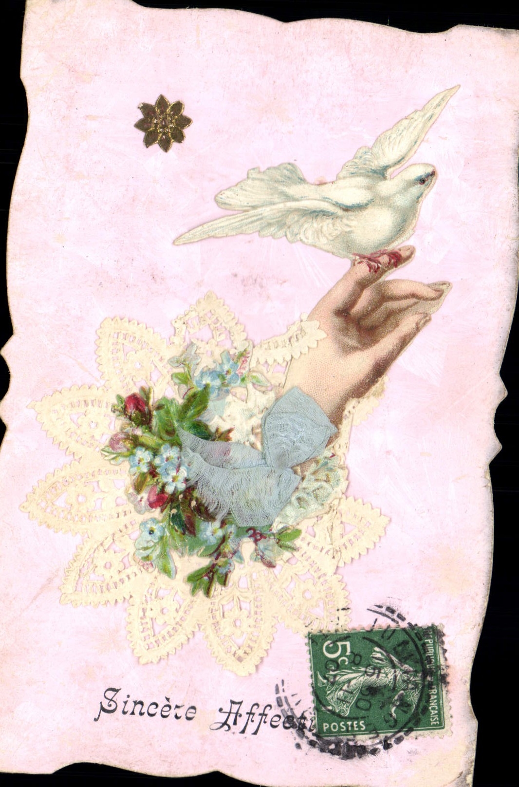 Dove sur main — carte postale décorative — éditeur non visible
