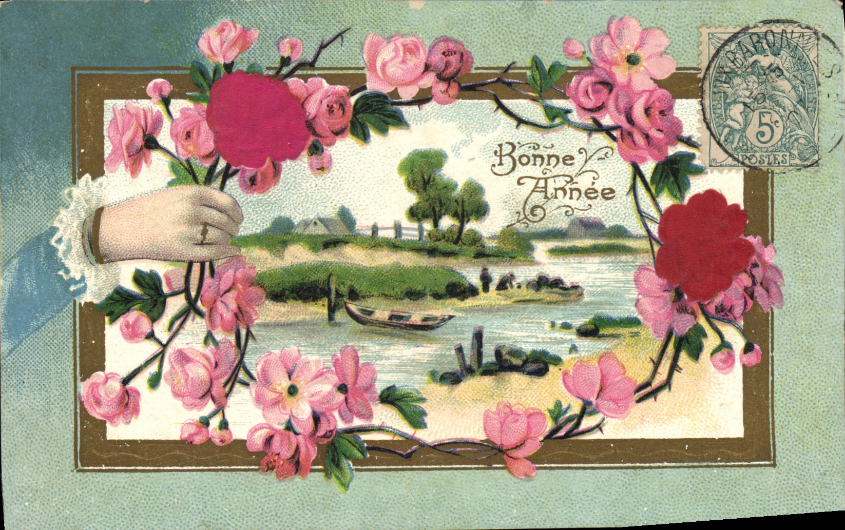 Bonne Année — paysage fluvial avec main tenant des fleurs — J.C. Paris