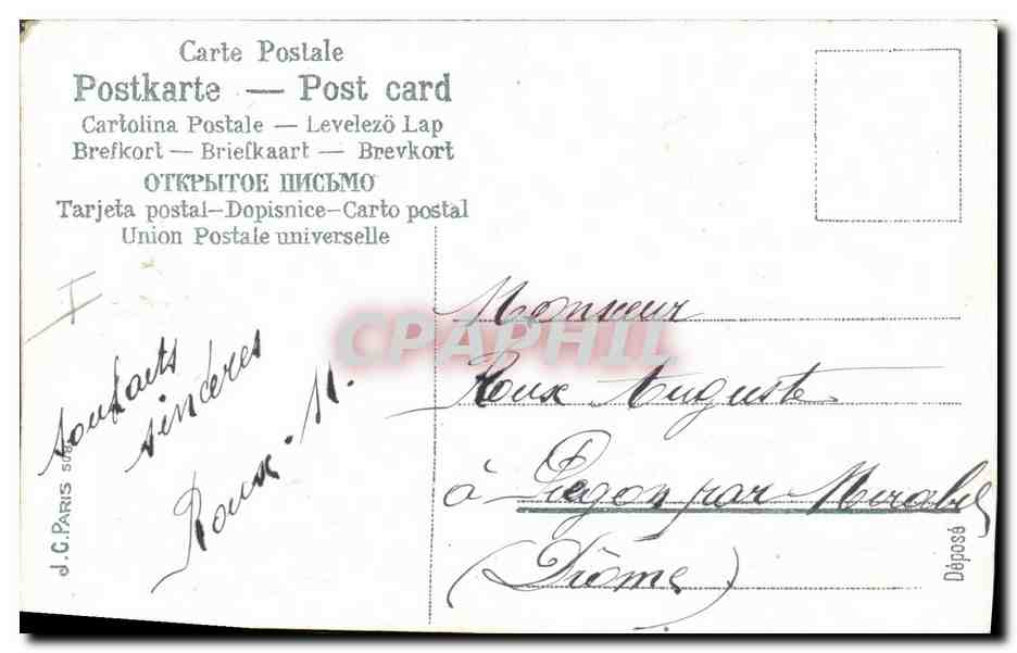 Bonne Année — paysage fluvial avec main tenant des fleurs — J.C. Paris — Rückseite