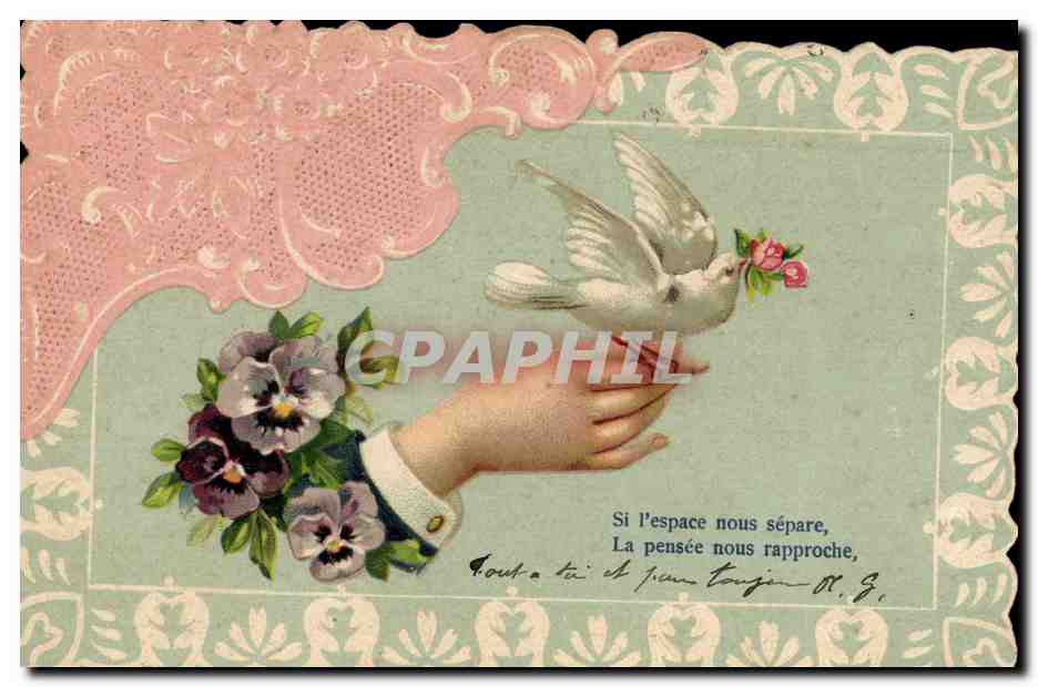 Dove with flowers — hand holding pansies — German printed postcard
