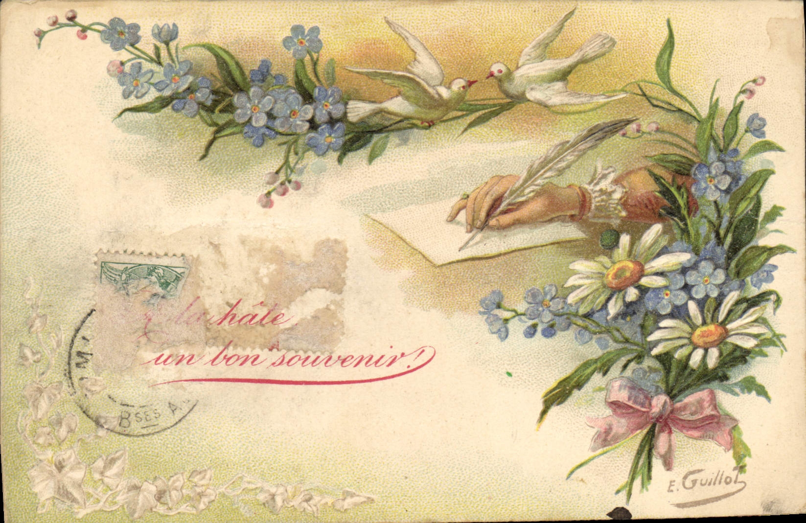 Deux colombes et fleurs — souvenir — E. GuilloT