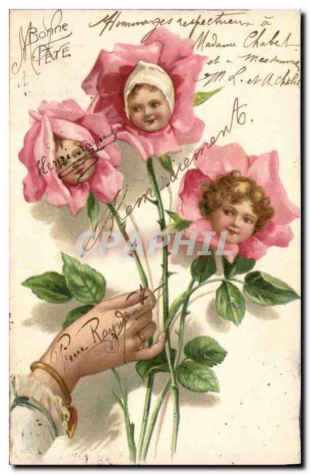 Trois roses avec visages d'enfants — éditeur non visible, n° de série non lisible