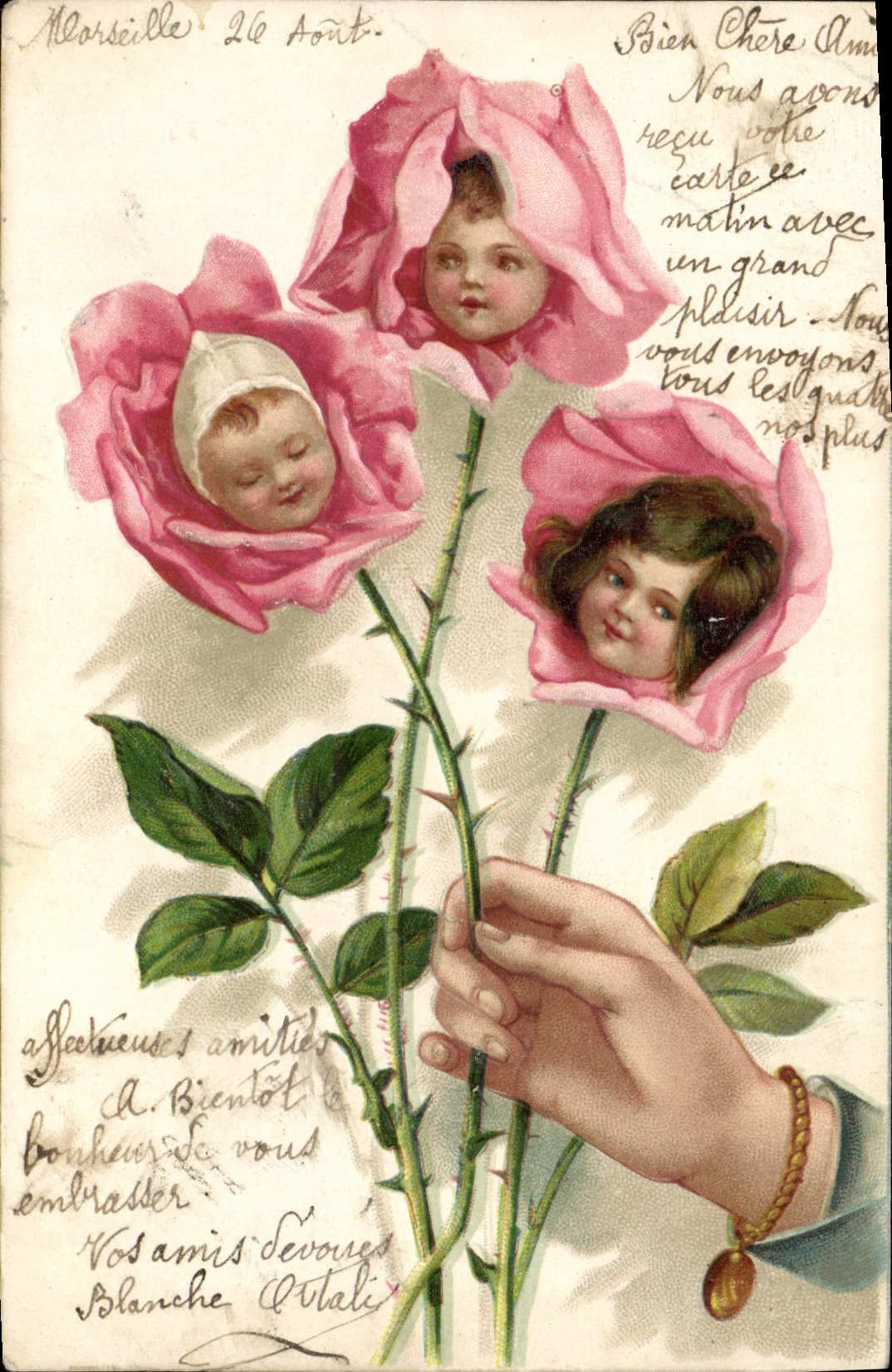 CPA Fantaisie Main Fleurs Enfants