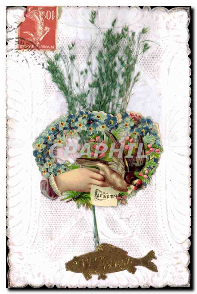 Mano che tiene un uccello — mazzo di fiori e pesce dorato — editore 'Imez moi' e timbro 10c