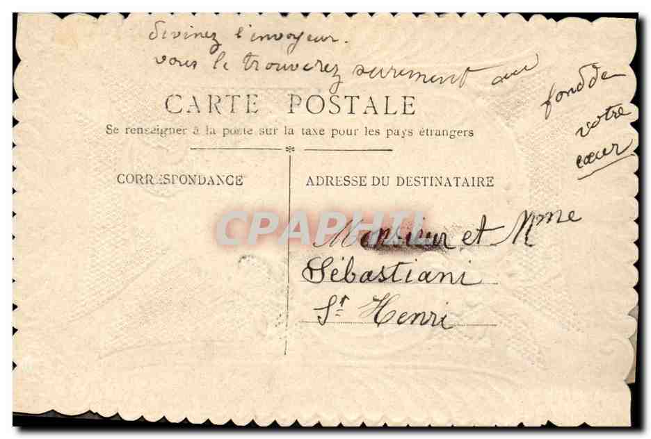 Mano che tiene un uccello — mazzo di fiori e pesce dorato — editore 'Imez moi' e timbro 10c — Verso