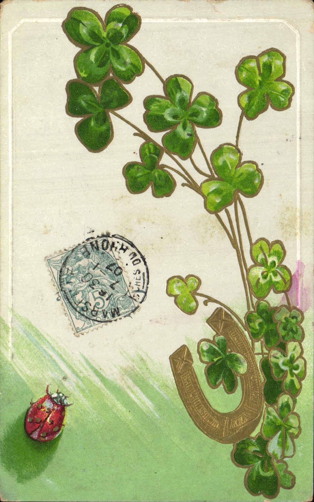 CPA Fantaisie Fleurs Trefles Fer a cheval
