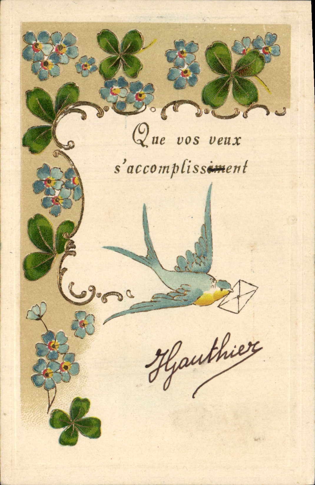 CPA Fantaisie Fleurs Hirondelle Trefles