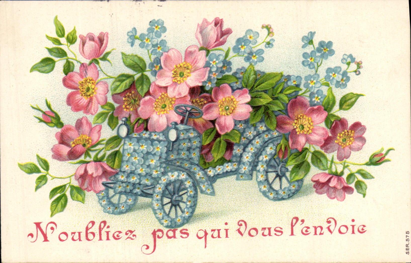Voiture fleurie — Carte postale avec texte imprimé — Éditeur SER.575