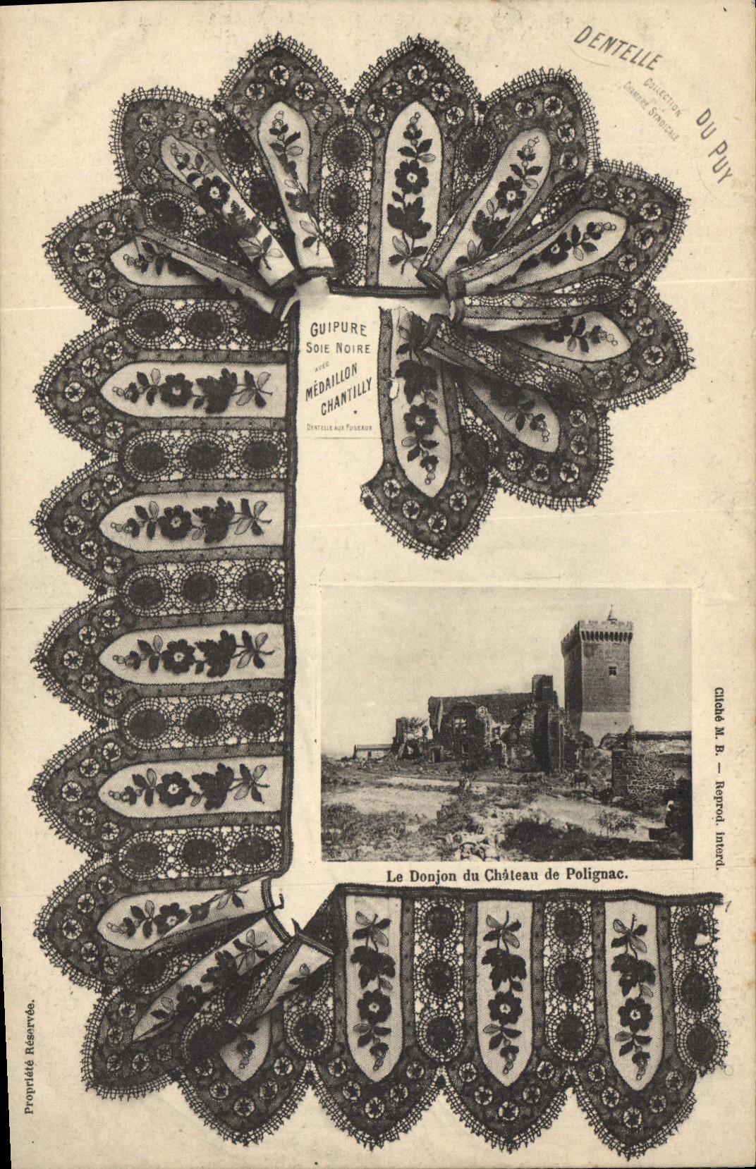 CPA Folklore Dentelle Dentelliere Le donjon du chateau de Polignac Le Puy