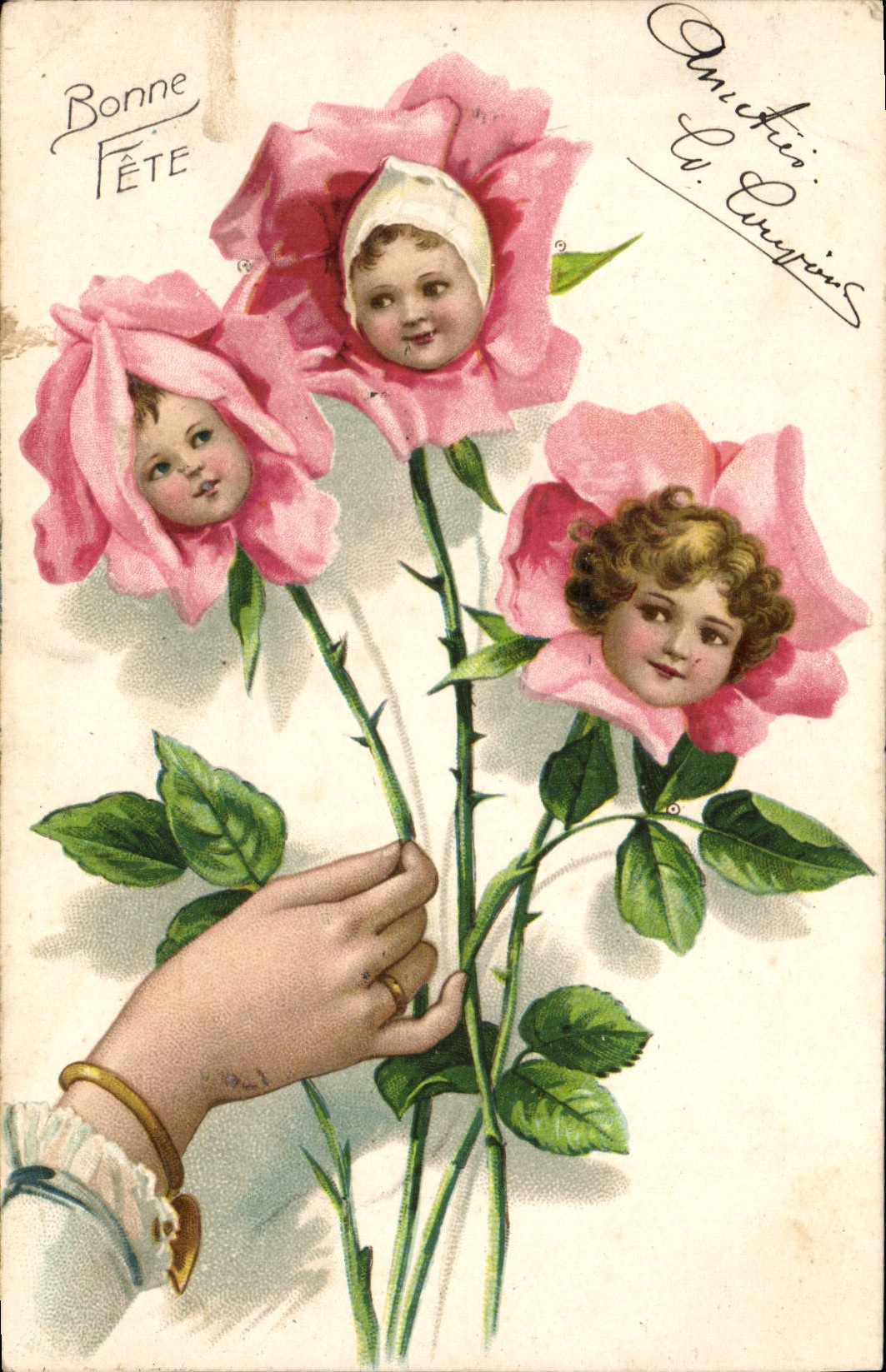 CPA Fantaisie Main Fleurs Enfants
