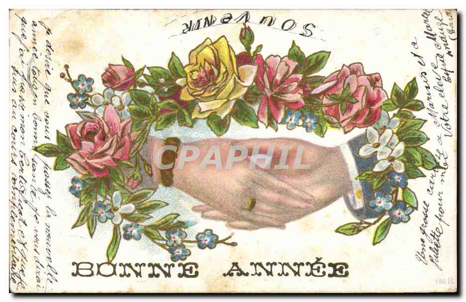 Deux mains jointes entourées de roses — Souvenir — Éditeur anonyme, n° 108 FL