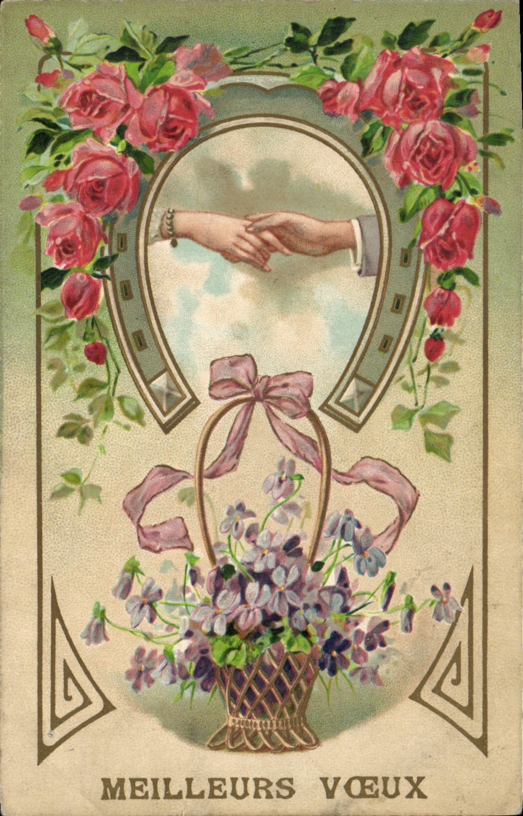 CPA Fantaisie Main Fleurs Fer a cheval