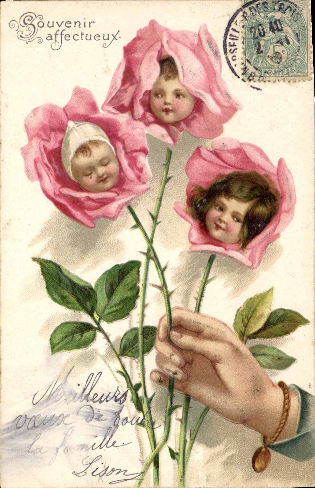 Trois enfants dans des roses — Souvenir affectueux — éditeur non visible