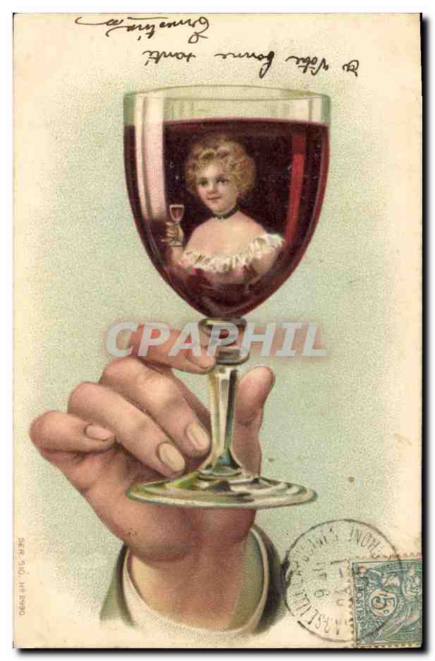 Main tenant un verre de vin rouge — reflet d'une jeune fille — éditeur S.A. R. 510, n° 2990