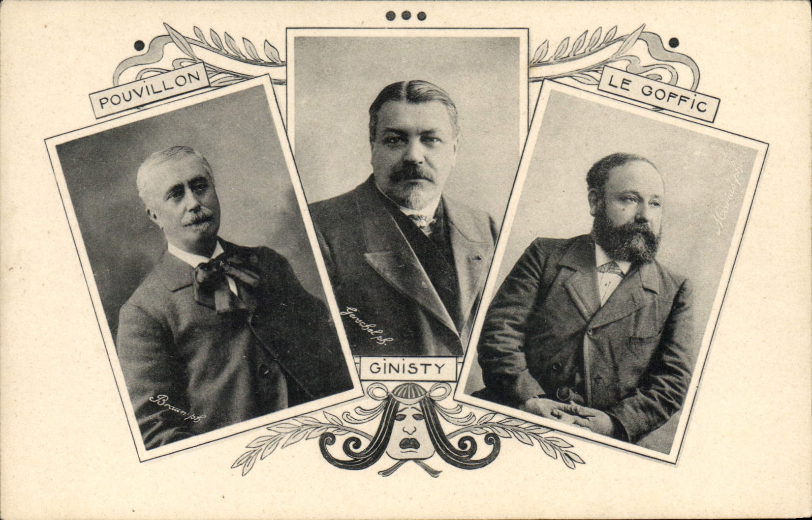Les trois comédiens Pouvillon, Ginisty, Le Goffic — éditeur G. Braun & Fils