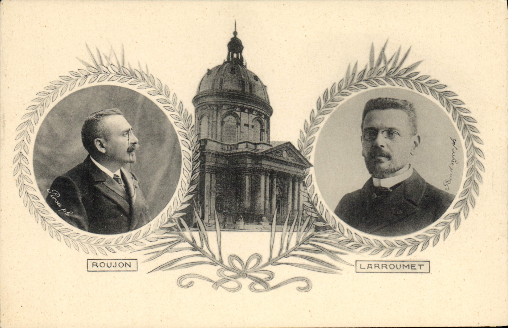 Roujon et Larroumet — portraits encadrés de lauriers avec vue d'un édifice classique — éditeur Roux & Larroumet