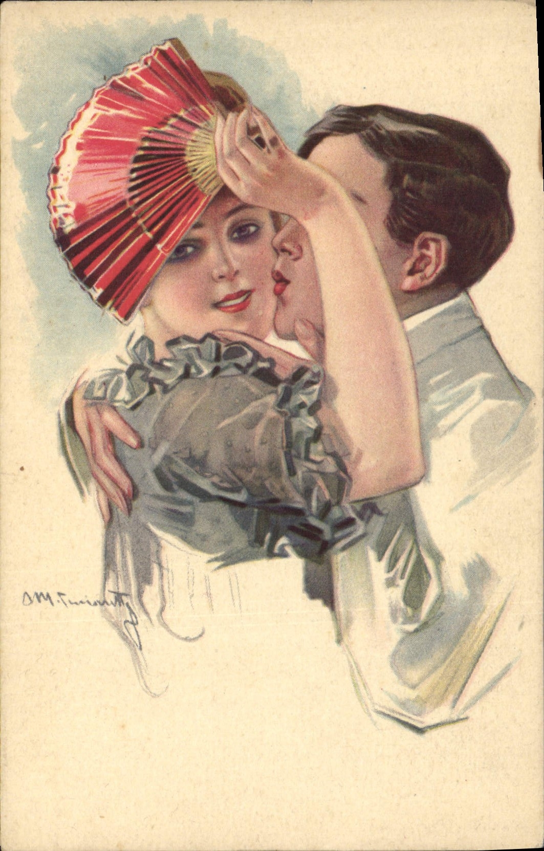 Jeune femme avec éventail rouge — homme l'embrassant — dessin de O.M. Turinetti