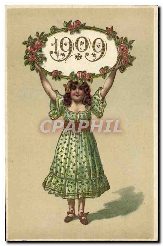 Fille tenant un cadre floral avec l'année 1909 — éditeur non visible