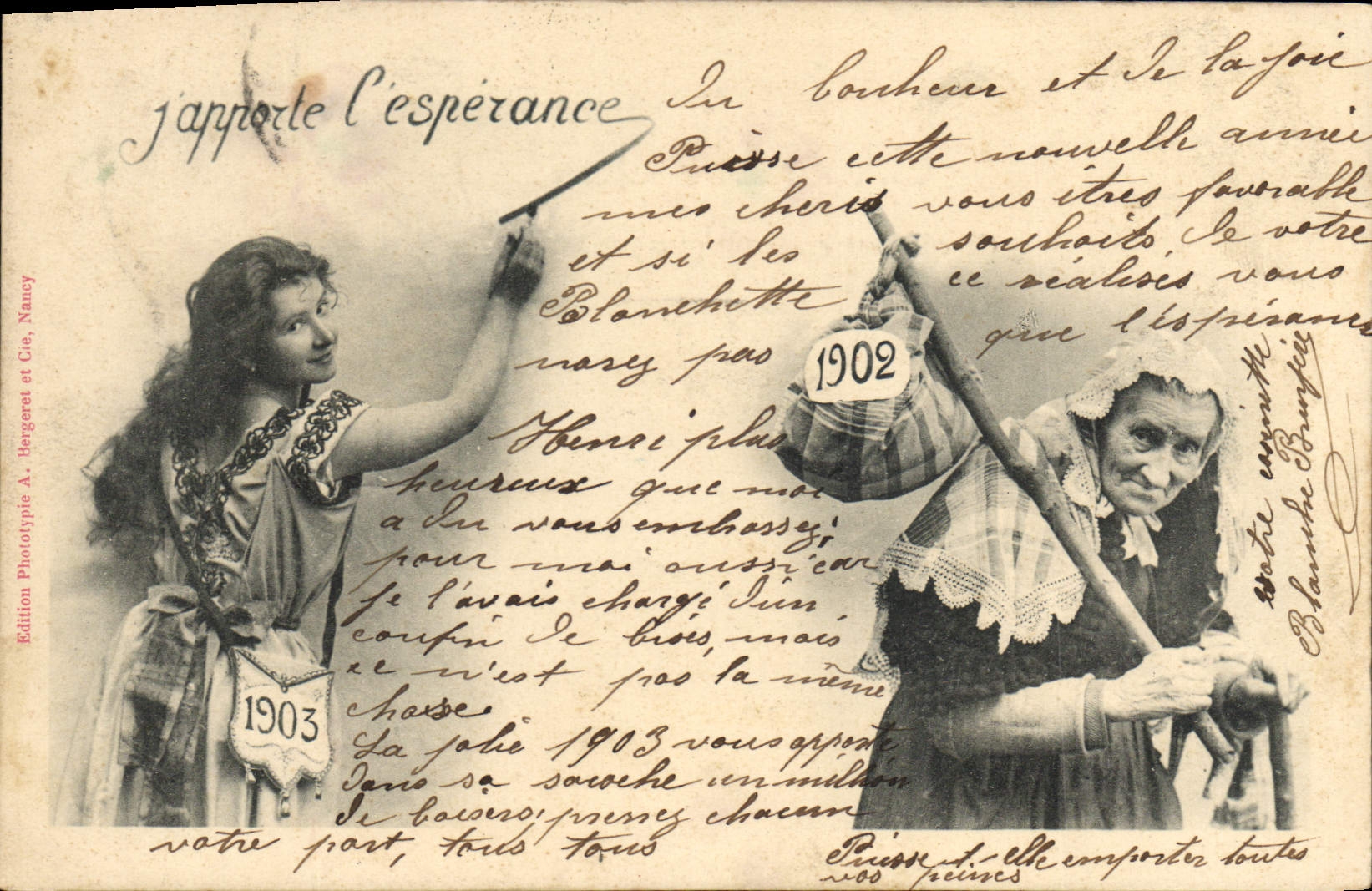 Jeune femme et vieille femme — Nouvel an 1903 — Édition Phototypie A. Bergeret et Cie, Nancy