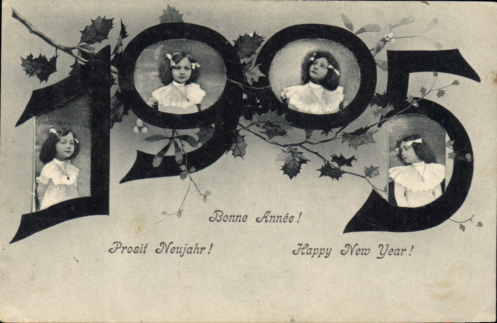 Auguri per l'anno 1905 — quattro ritratti di ragazze nei numeri — editore non visibile