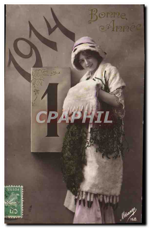 Frau in Pelzjacke mit Tannenzweigen — Frohe Weihnachten 1924 — Mérange 168
