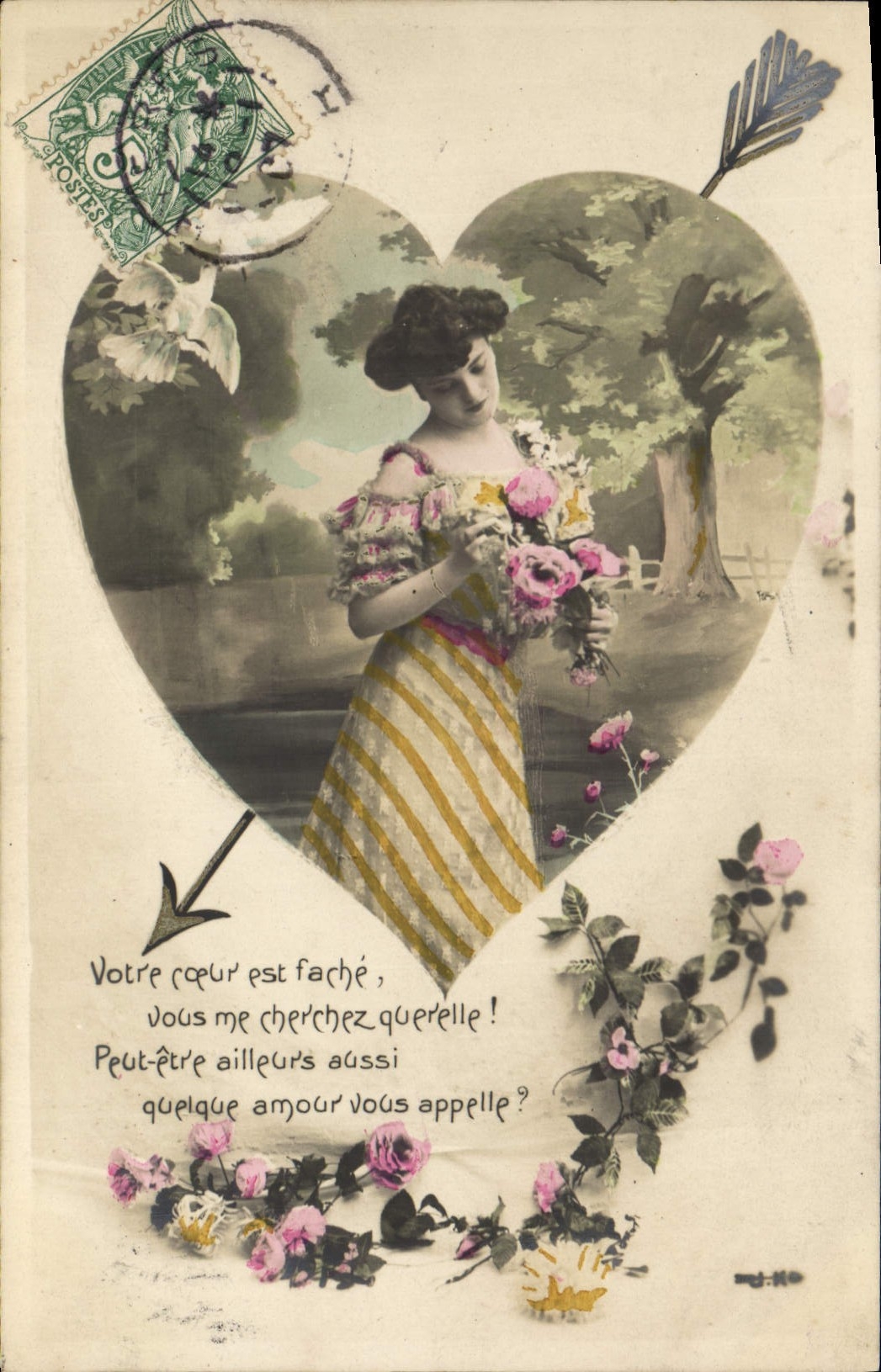 CPA Fantaisie Fleurs Femme Coeur 