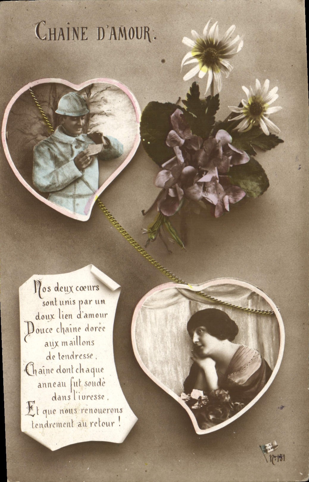 CPA Fantaisie Fleurs Femme Coeur Soldat Militaria