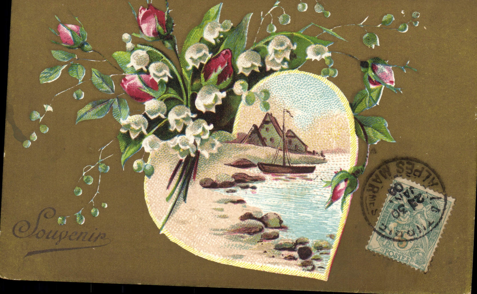 CPA Fantaisie Fleurs Coeur Muguet Bateau