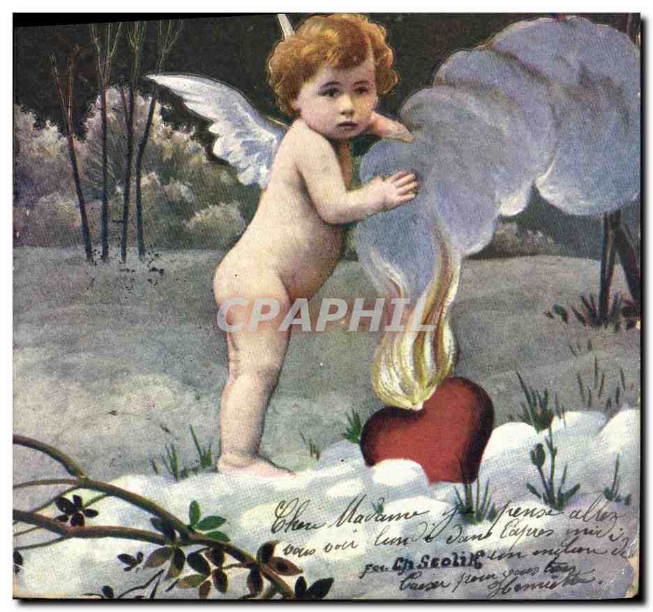 CPA Fantaisie Ange Oiseau Enfant Coeur 
