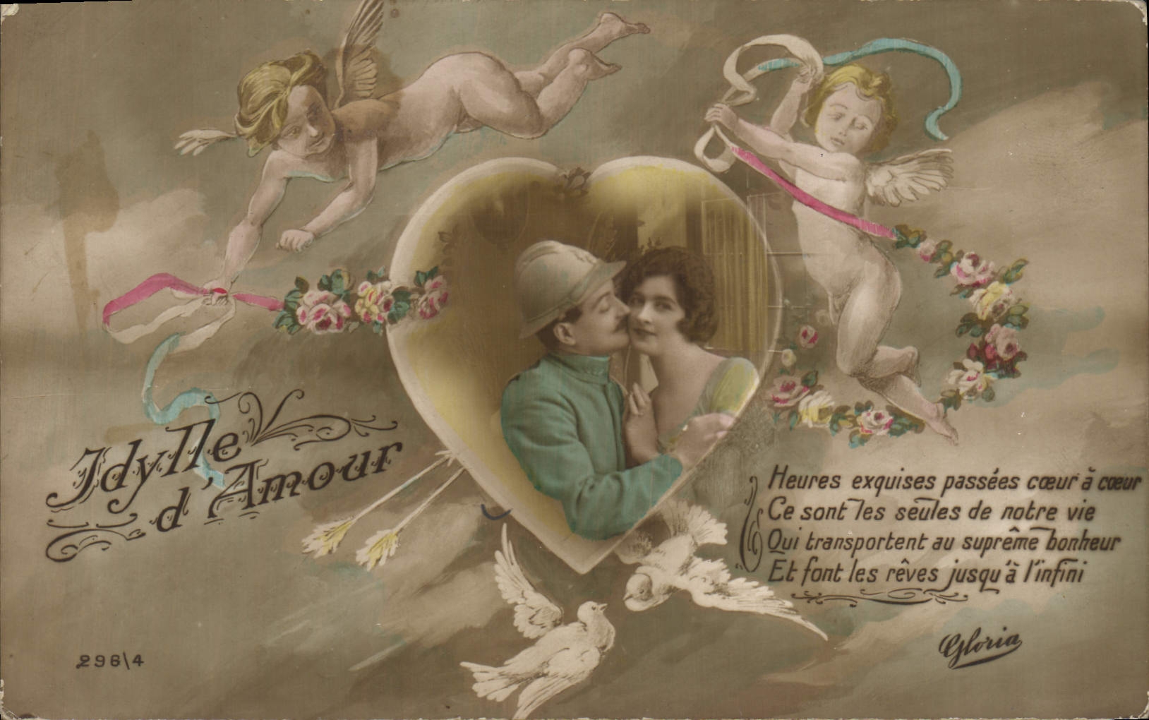 CPA Fantaisie Fleurs Femme Coeur Soldat Militaria Anges 