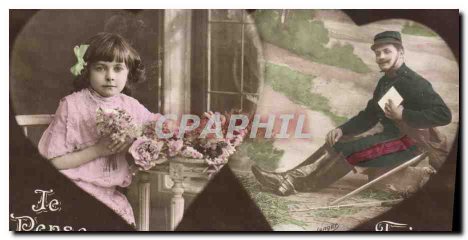 CPA Fantaisie Fleurs Enfant Soldat Militaria Coeur 