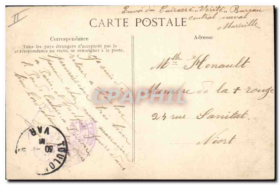 CPA Bateau de Guerre Verite Cuirasse d'escadre  — Verso