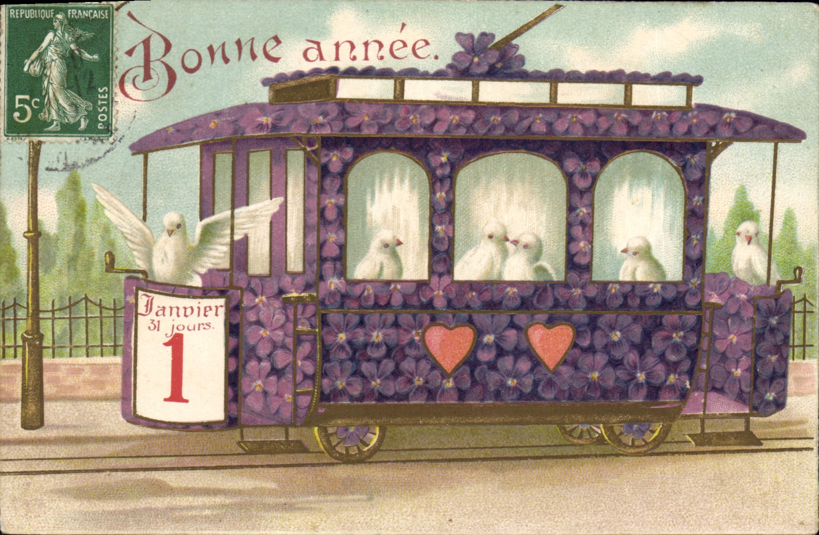 CPA Fantaisie Fleurs Tramway Colombes Bonne annee
