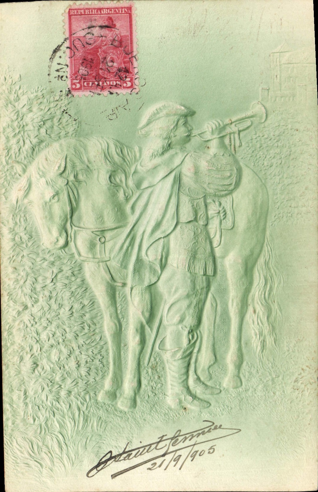 Soldat à cheval jouant du cor — République argentine — éditeur Saint Fennu, n° de série non visible