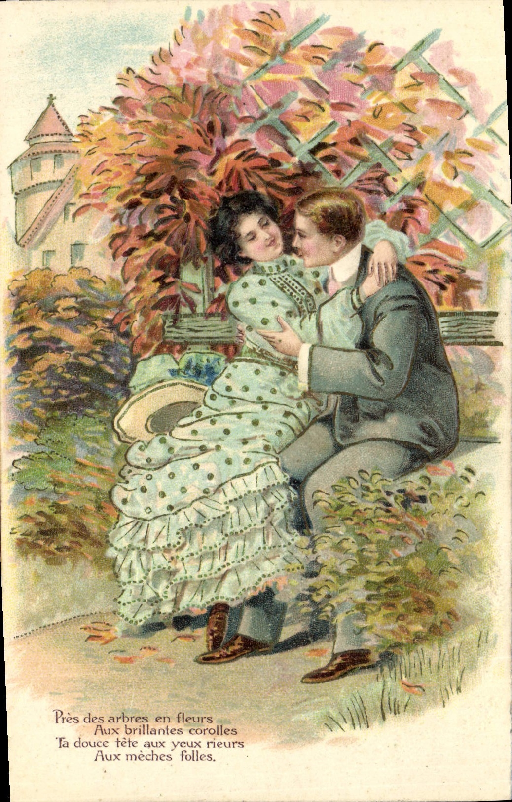 Couple amoureux dans un jardin d'automne — Poème imprimé — Éditeur Relief, n° 5879