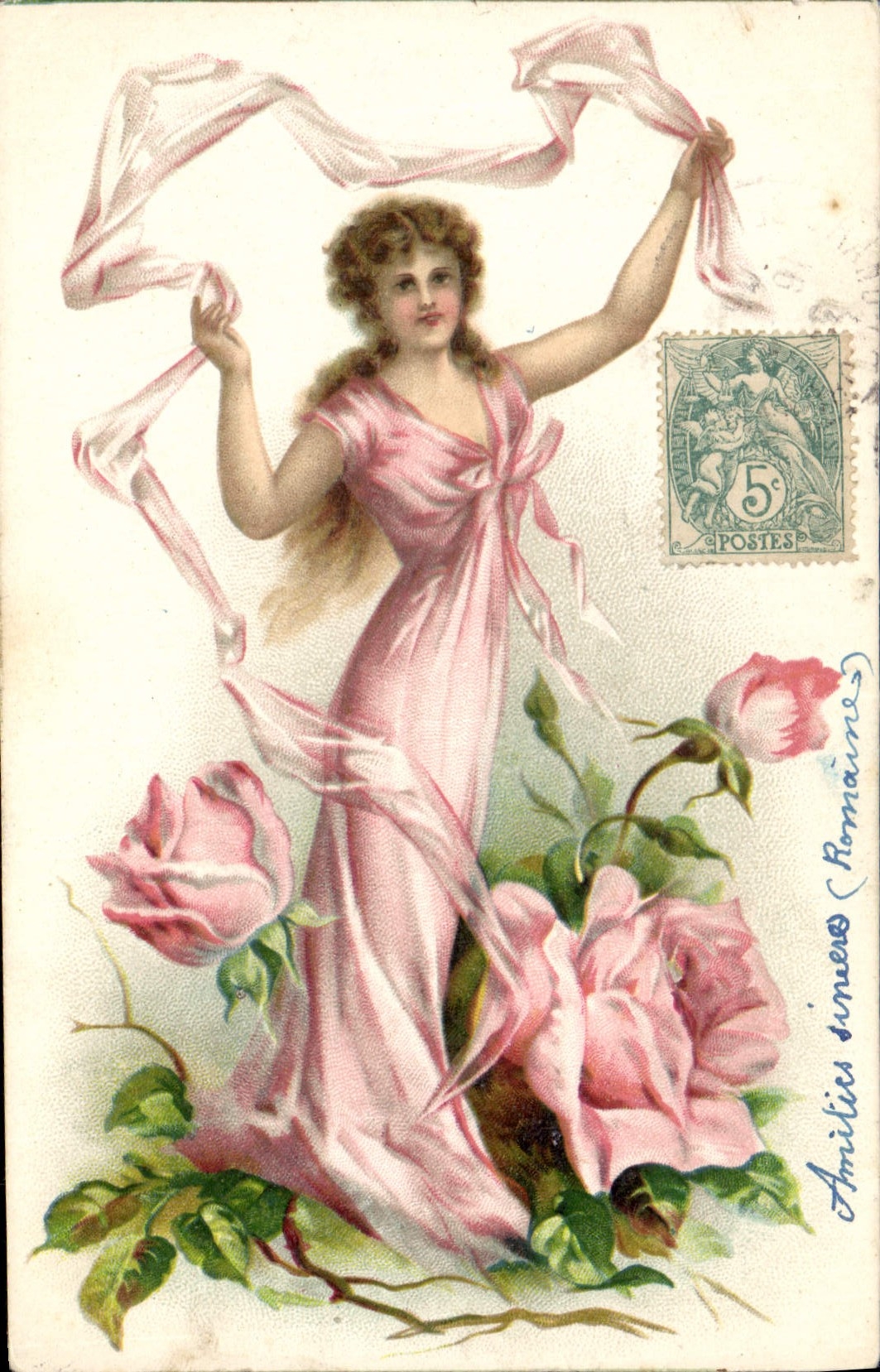 Femme en robe rose parmi des roses — éditeur inconnu — n° de série non visible